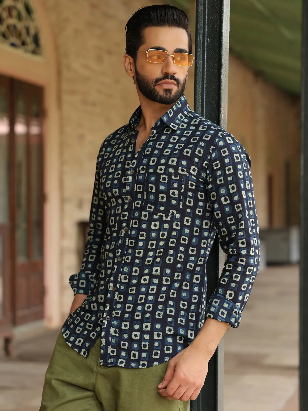 Men's Geometric Print Pure Cotton Navy Blue Casual Shirt