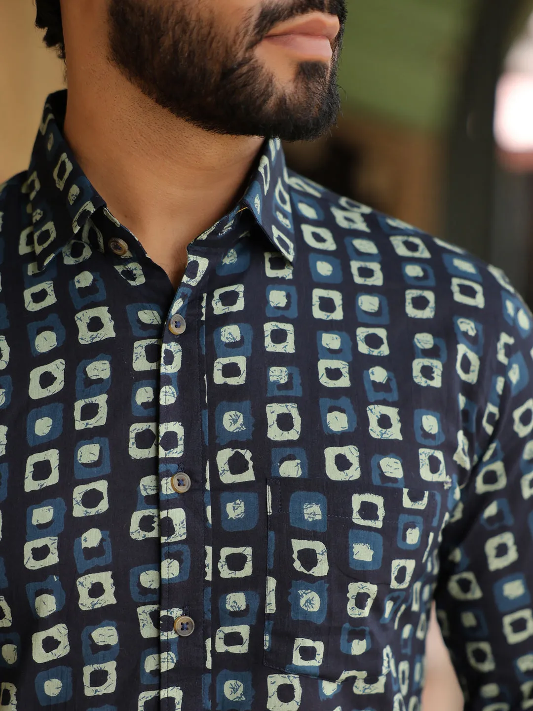 Men's Geometric Print Pure Cotton Navy Blue Casual Shirt