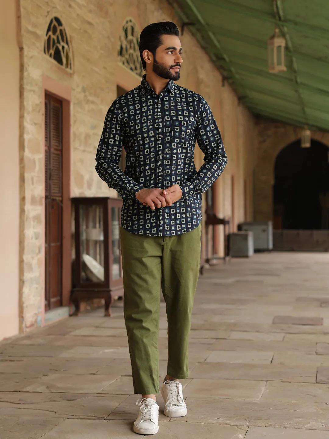 Men's Geometric Print Pure Cotton Navy Blue Casual Shirt