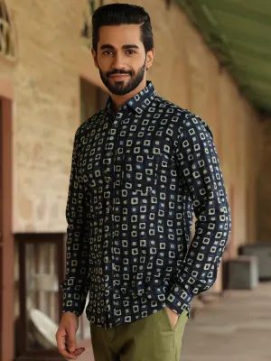 Men's Geometric Print Pure Cotton Navy Blue Casual Shirt