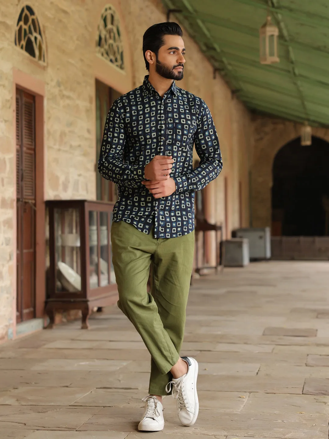 Men's Geometric Print Pure Cotton Navy Blue Casual Shirt