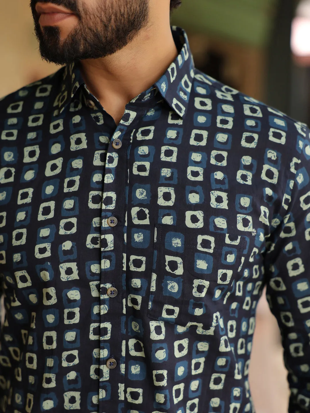 Men's Geometric Print Pure Cotton Navy Blue Casual Shirt