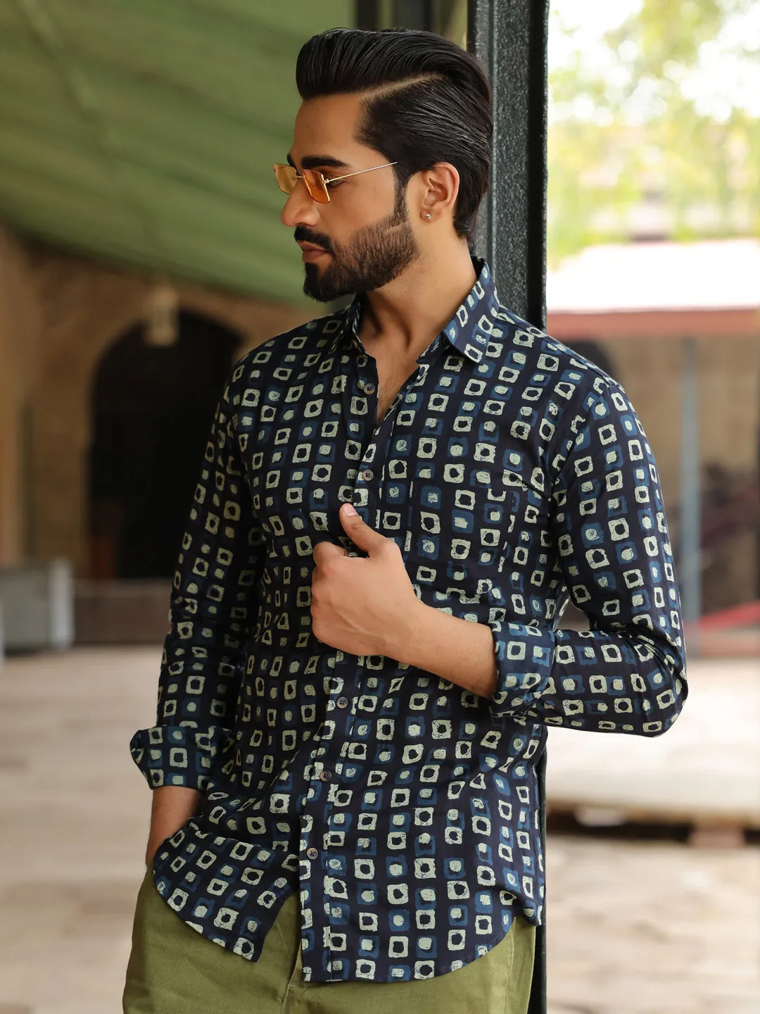 Men's Geometric Print Pure Cotton Navy Blue Casual Shirt