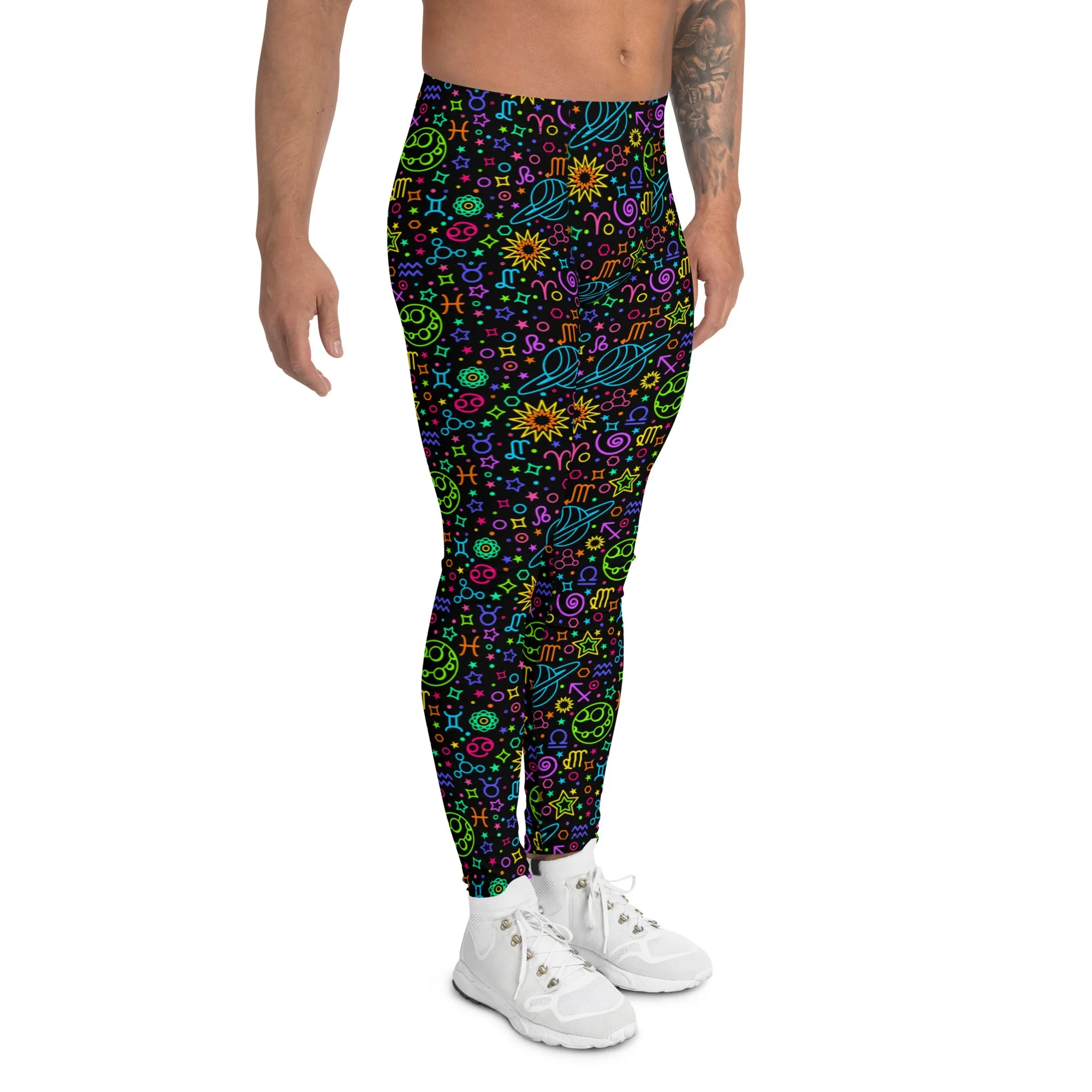 Men's Leggings, Neon, Astrology, Stars, Planets, Zodiac, Black