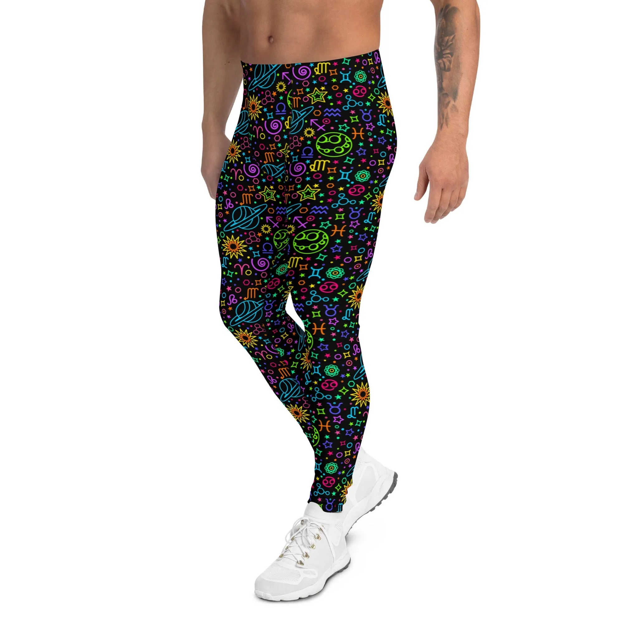 Men's Leggings, Neon, Astrology, Stars, Planets, Zodiac, Black