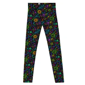 Men's Leggings, Neon, Astrology, Stars, Planets, Zodiac, Black