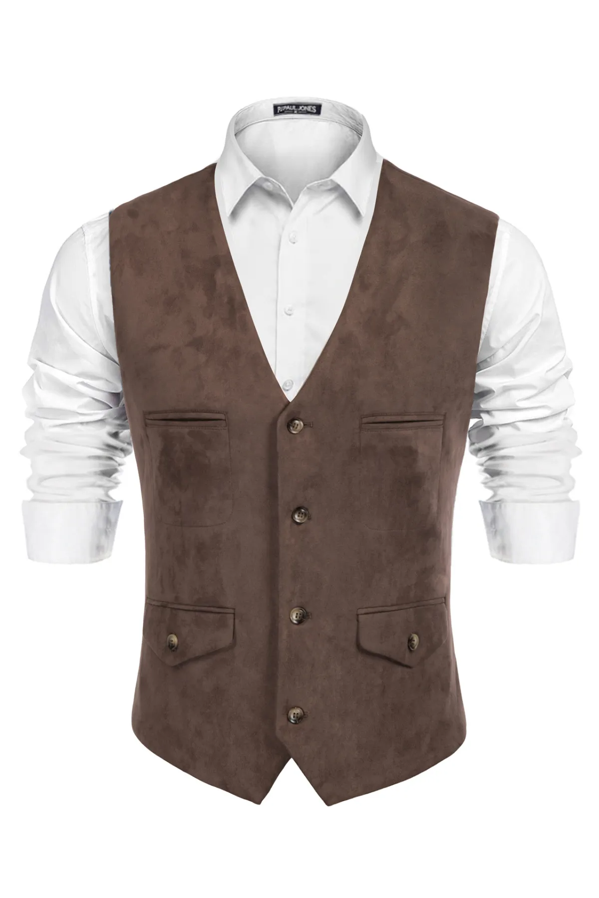 Men's Suede Leather Vest Casual V-Neck Single Breasted Slim Fit Western Cowboy Vest with Pockets