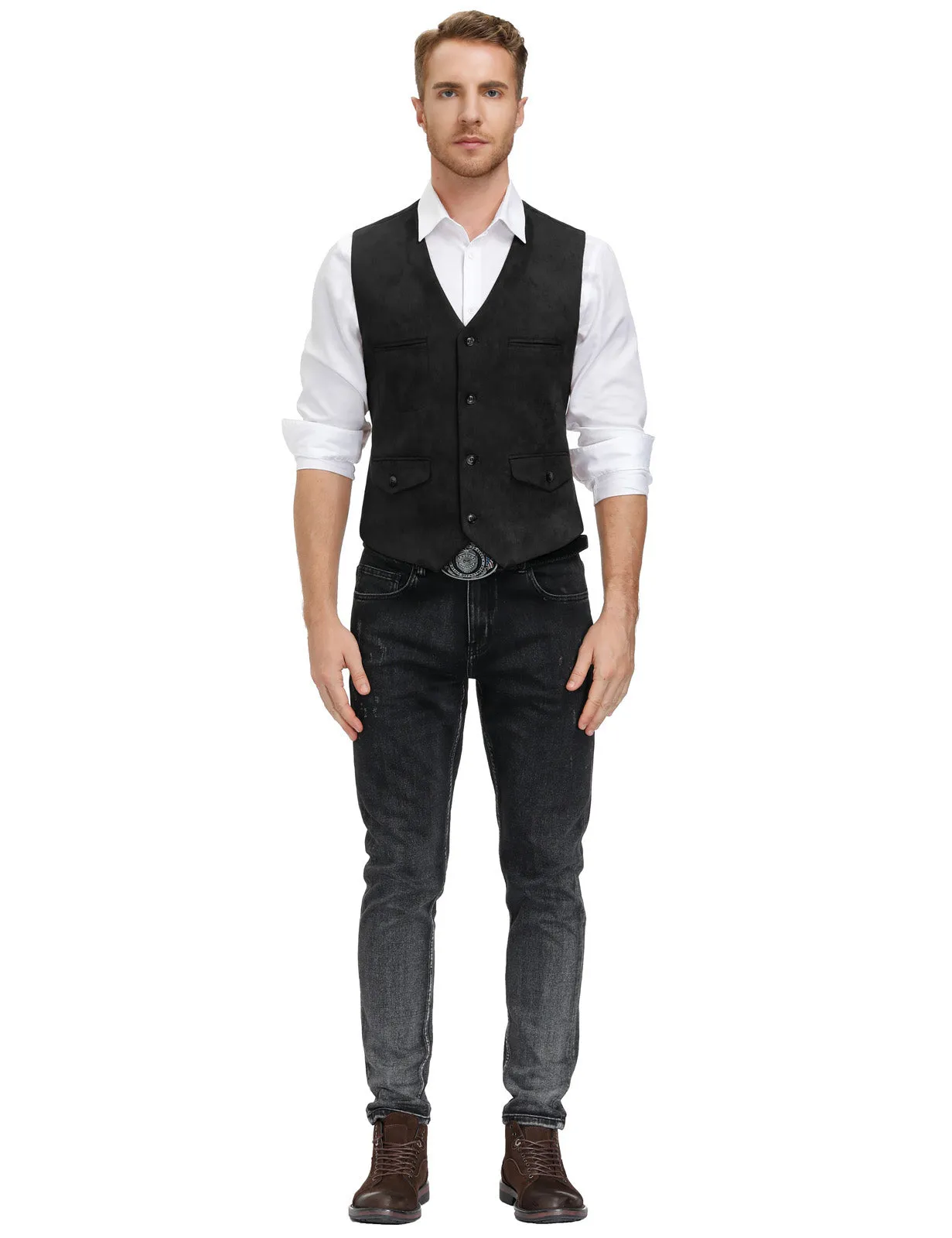 Men's Suede Leather Vest Casual V-Neck Single Breasted Slim Fit Western Cowboy Vest with Pockets