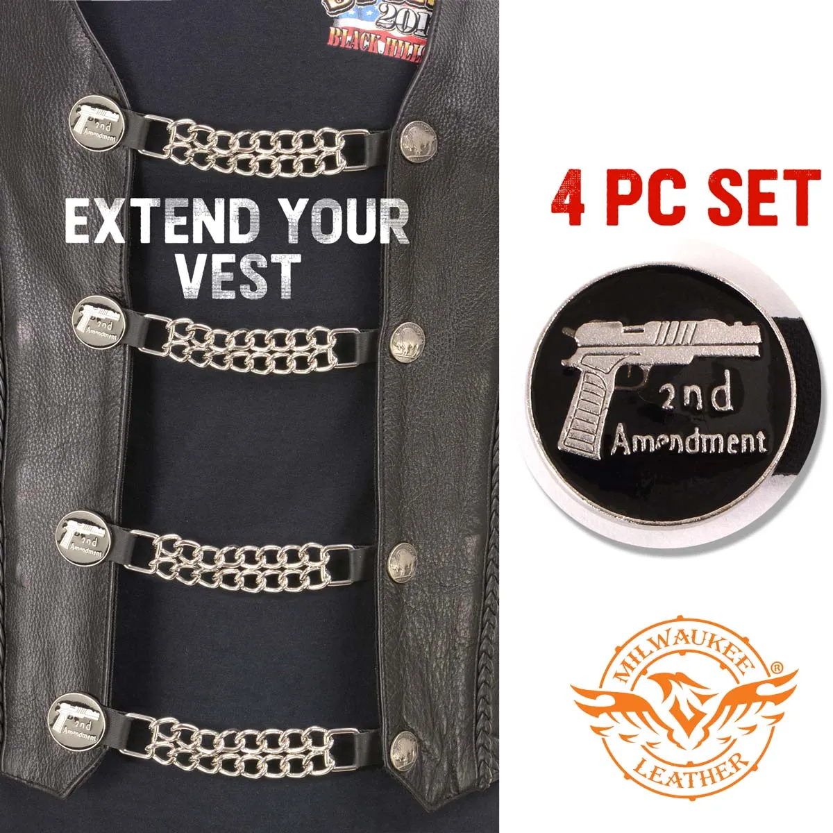 Milwaukee Leather 2nd Amendment Medallion Vest Extender - Double Chrome Chains Genuine Leather 6.5" Extension 4-PCS MLA6027SET