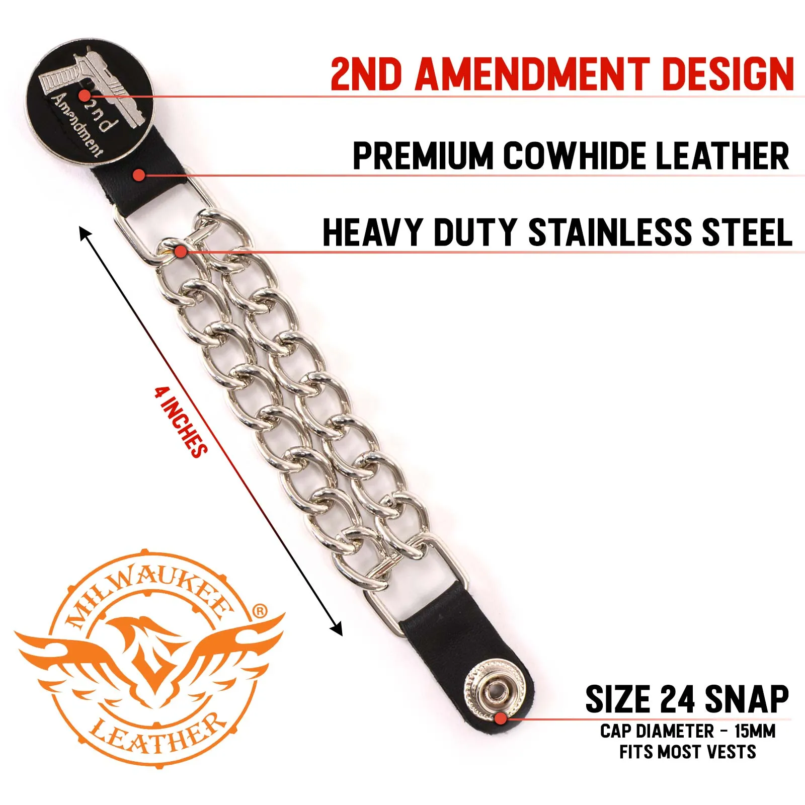 Milwaukee Leather 2nd Amendment Medallion Vest Extender - Double Chrome Chains Genuine Leather 6.5" Extension 4-PCS MLA6027SET