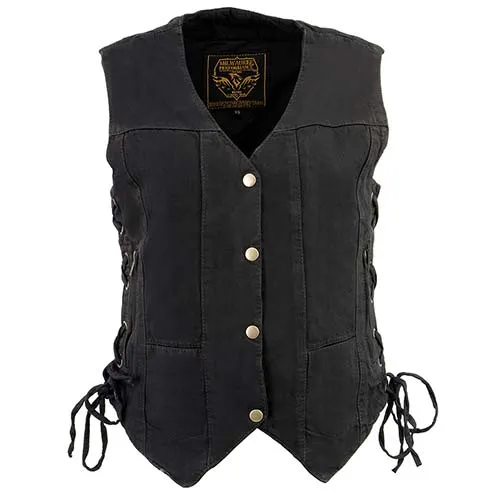 Milwaukee Leather MDL4020 Women's Classic Black ‘6 Pocket’ Side Lace Denim Vest