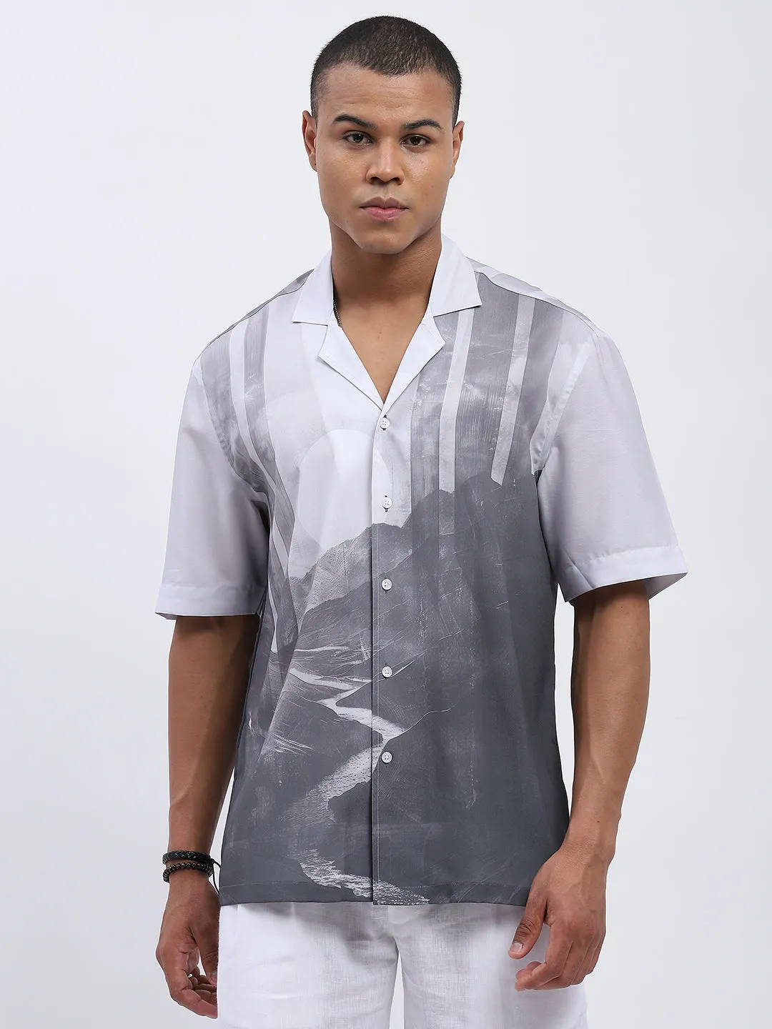 Monochrome Landscape Print Resort Shirt