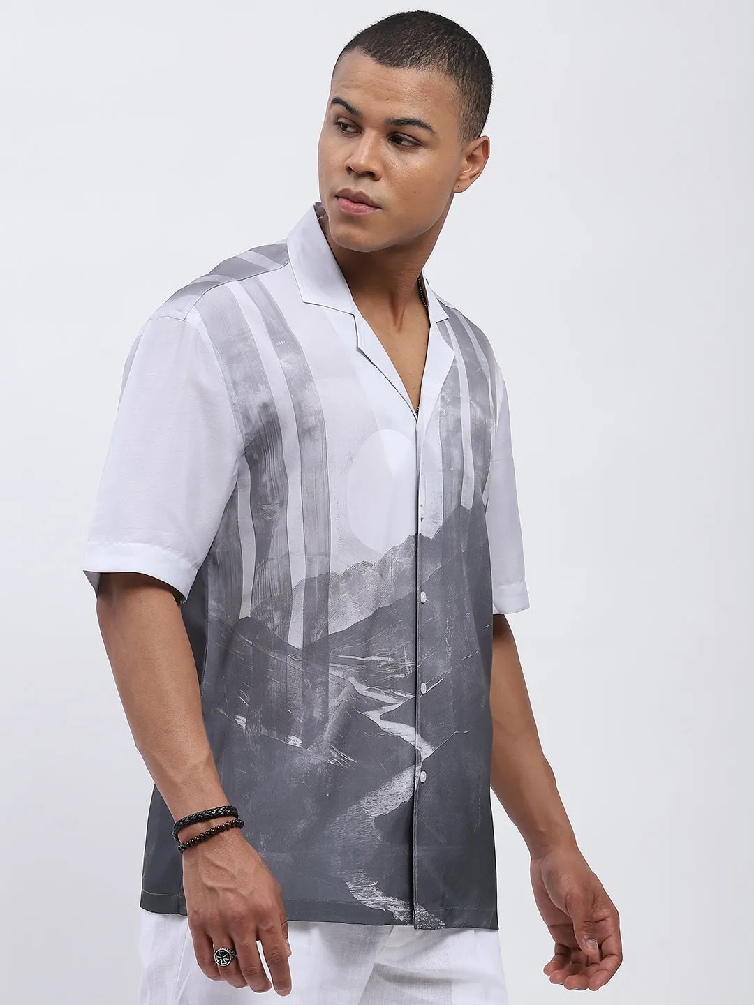 Monochrome Landscape Print Resort Shirt