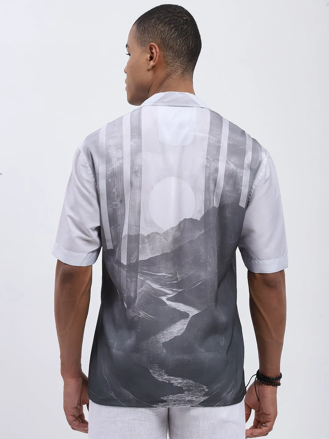 Monochrome Landscape Print Resort Shirt