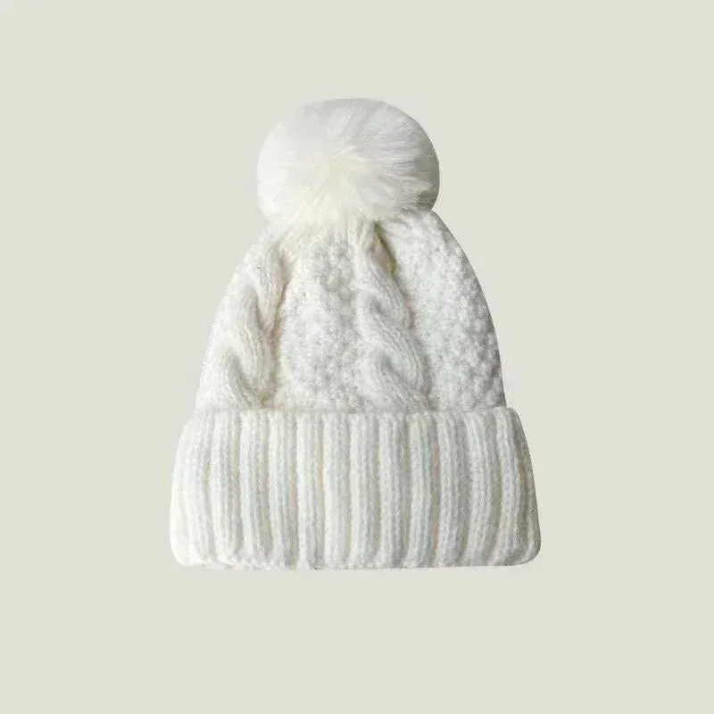 New Winter Knitting Solid Color Hat For Women Fur Pompom Thick Plush Beanie Cap Ladies Warm Ski Snow Skullies Beanies