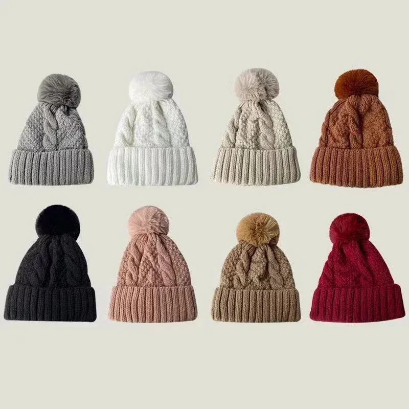 New Winter Knitting Solid Color Hat For Women Fur Pompom Thick Plush Beanie Cap Ladies Warm Ski Snow Skullies Beanies