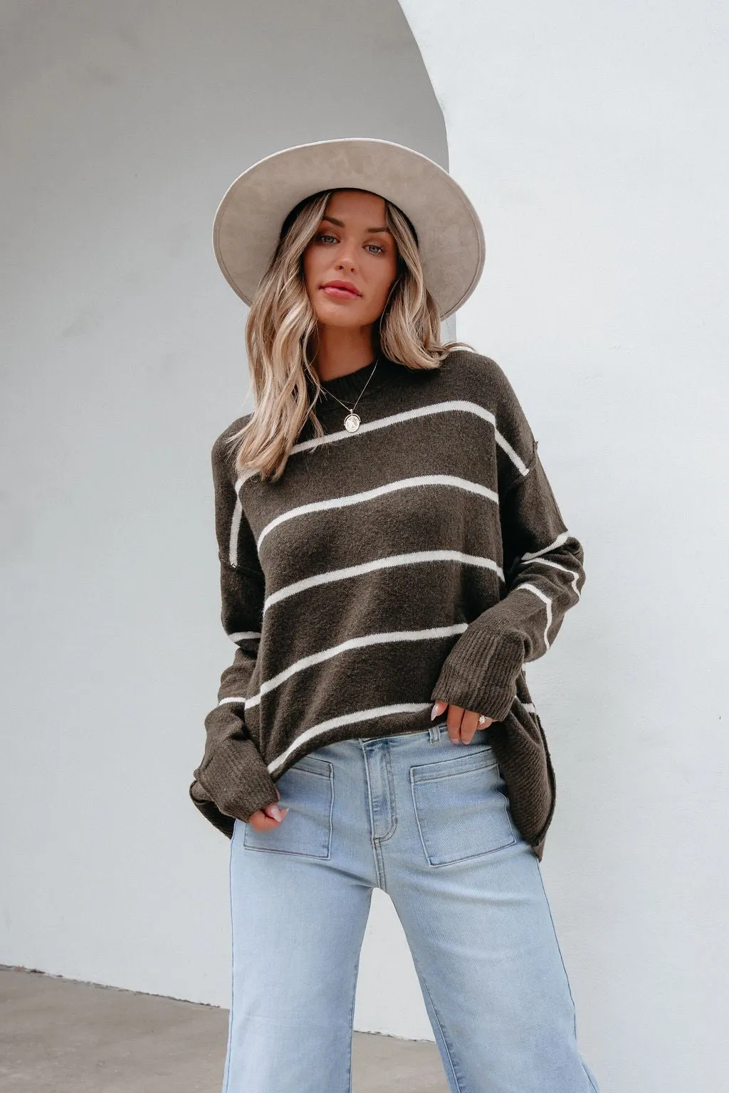 Next To Me Olive Striped Pullover Sweater