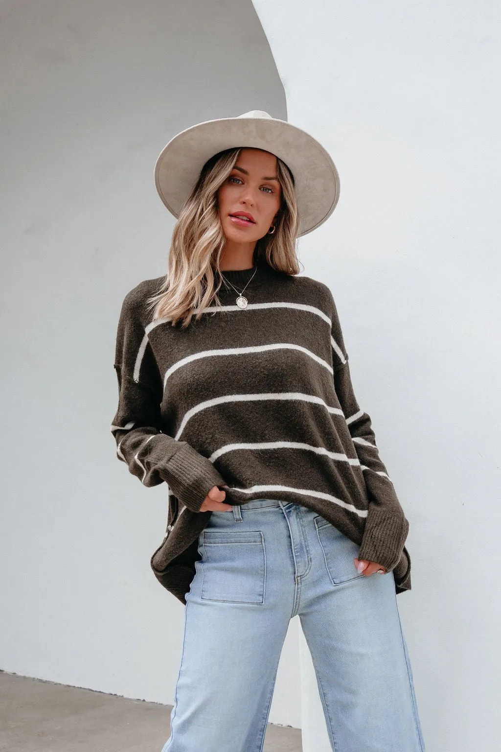 Next To Me Olive Striped Pullover Sweater