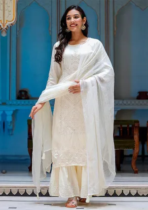 Off White Embroidered Silk Kurta Sharara Set With Dupatta