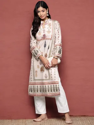 Off White Floral Printed Gotta Patti Velvet Kurta