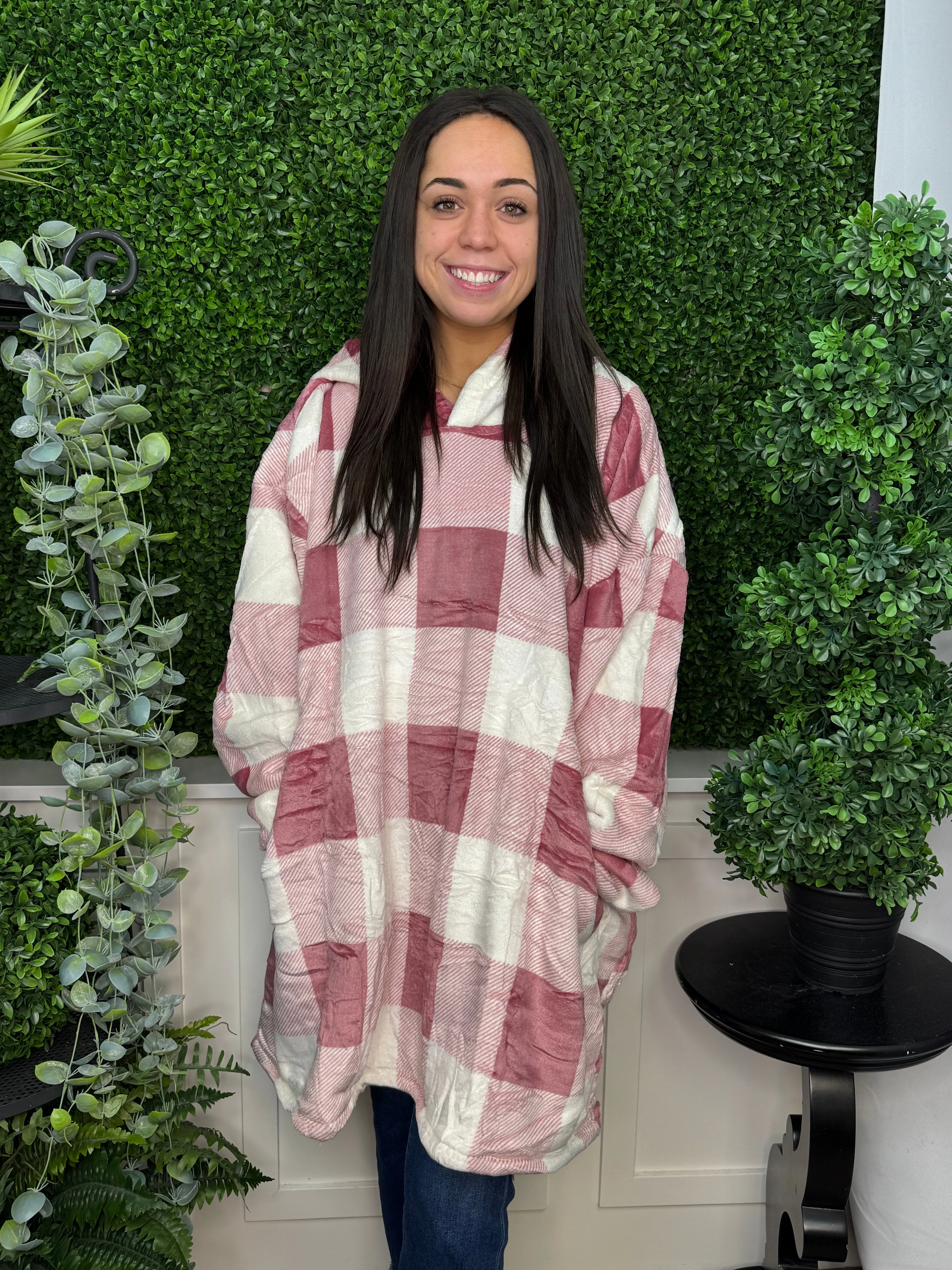 PAULA PINK PLAID OVERSIZED BLANKET PULLOVER