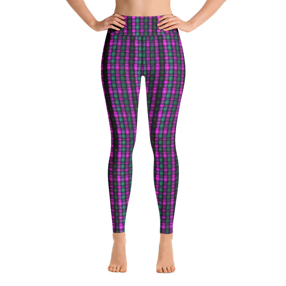 Pink Green Plaid Yoga Leggings, Scottish Tartan Print Women's Long Yoga Tights-Made in USA/EU