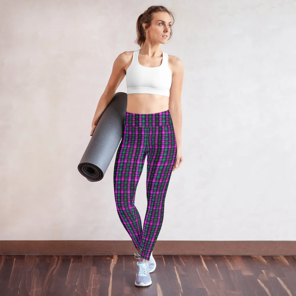 Pink Green Plaid Yoga Leggings, Scottish Tartan Print Women's Long Yoga Tights-Made in USA/EU