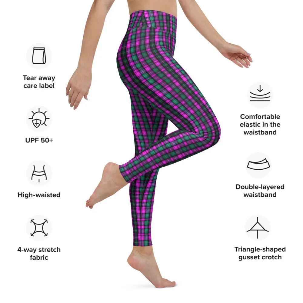 Pink Green Plaid Yoga Leggings, Scottish Tartan Print Women's Long Yoga Tights-Made in USA/EU