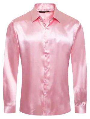 Pink Men's Shiny Satin Silk Dress Shirt Long Sleeve Casual Slim Fit