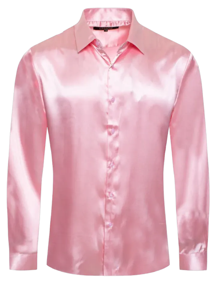 Pink Men's Shiny Satin Silk Dress Shirt Long Sleeve Casual Slim Fit