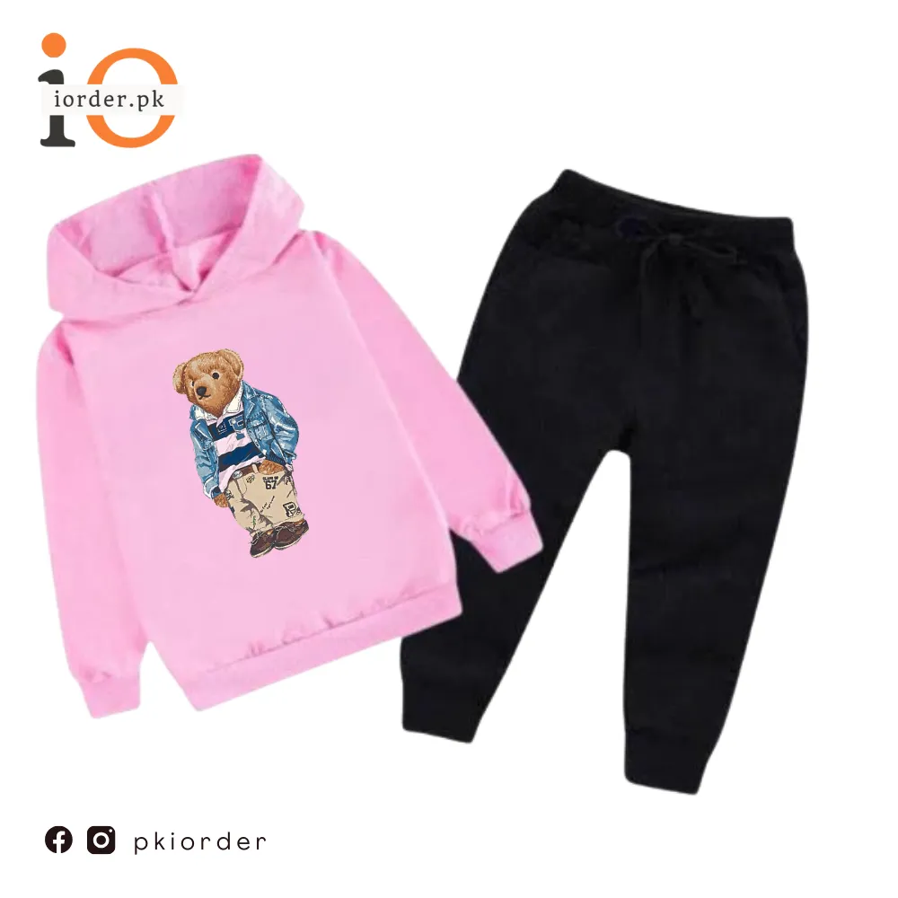 Pink Polo Bear Printed Kids Hoodie Set