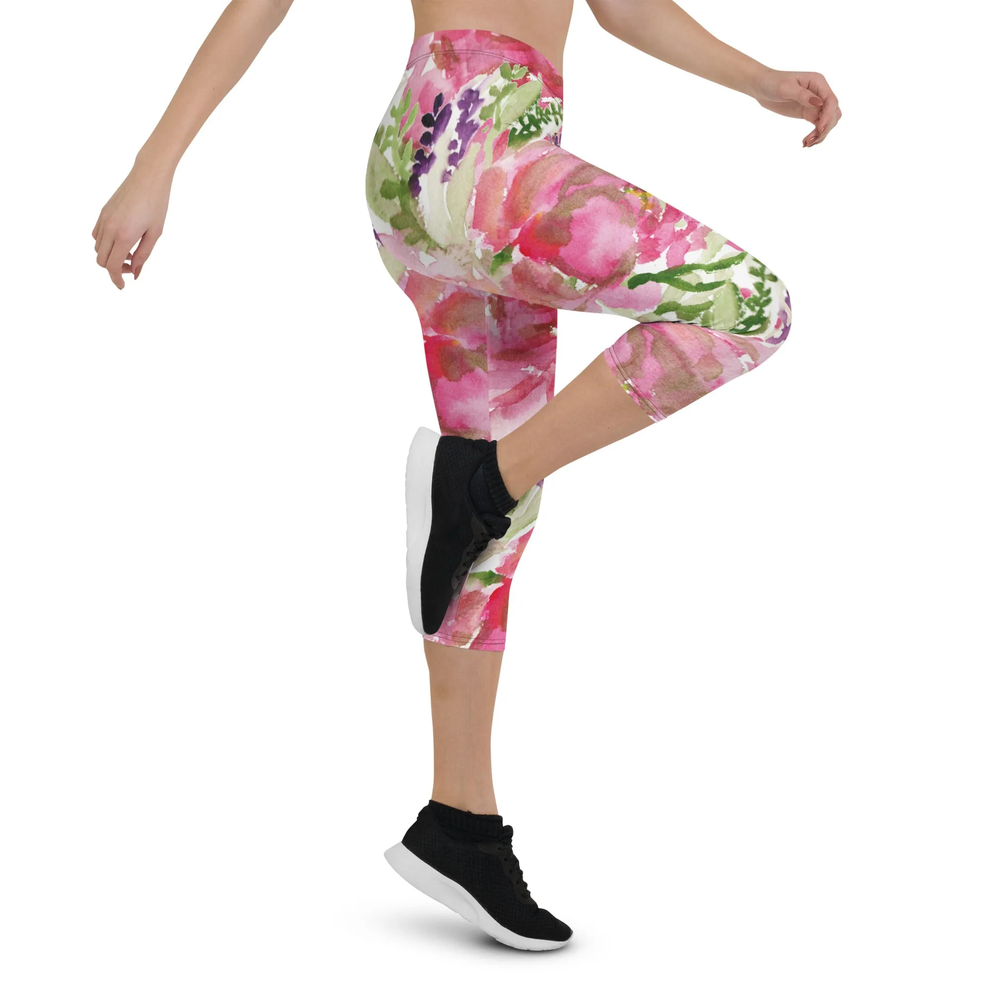 Pink Rose Women's Capri Leggings, Floral Casual Tights Floral Designer Casual 38–40 UPF Capri Leggings Activewear Outfit - Made in USA/EU/MX (US Size: XS-XL)