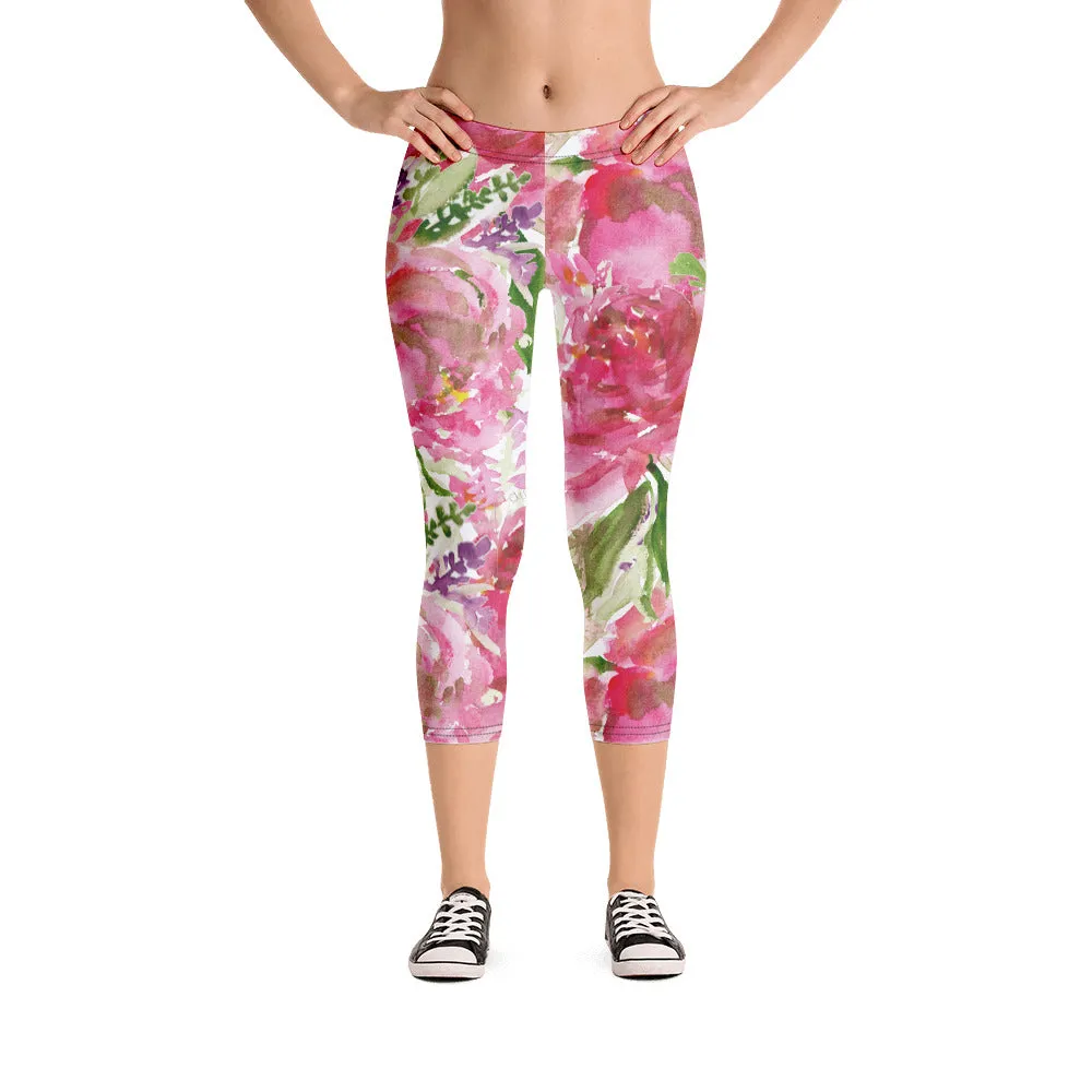 Pink Rose Women's Capri Leggings, Floral Casual Tights Floral Designer Casual 38–40 UPF Capri Leggings Activewear Outfit - Made in USA/EU/MX (US Size: XS-XL)