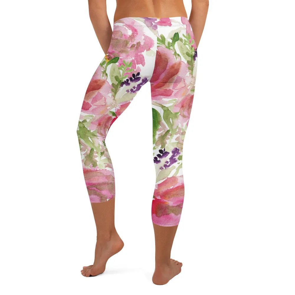 Pink Rose Women's Capri Leggings, Floral Casual Tights Floral Designer Casual 38–40 UPF Capri Leggings Activewear Outfit - Made in USA/EU/MX (US Size: XS-XL)