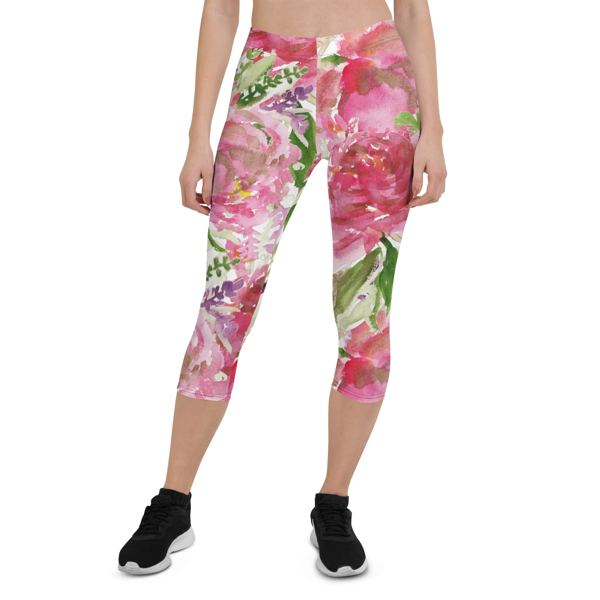 Pink Rose Women's Capri Leggings, Floral Casual Tights Floral Designer Casual 38–40 UPF Capri Leggings Activewear Outfit - Made in USA/EU/MX (US Size: XS-XL)