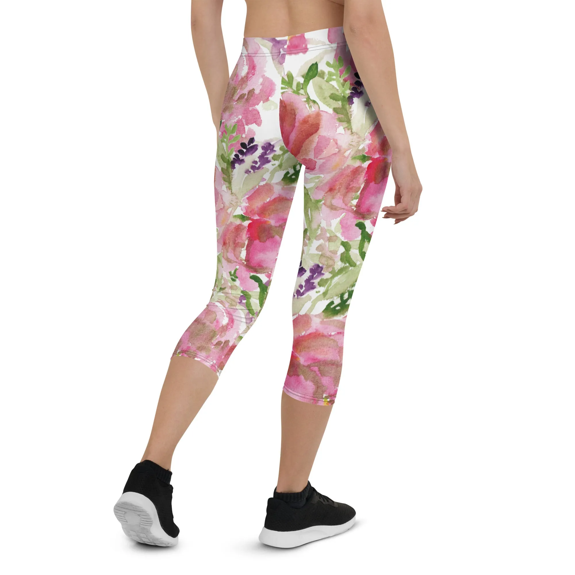 Pink Rose Women's Capri Leggings, Floral Casual Tights Floral Designer Casual 38–40 UPF Capri Leggings Activewear Outfit - Made in USA/EU/MX (US Size: XS-XL)