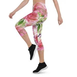 Pink Rose Women's Capri Leggings, Floral Casual Tights Floral Designer Casual 38–40 UPF Capri Leggings Activewear Outfit - Made in USA/EU/MX (US Size: XS-XL)