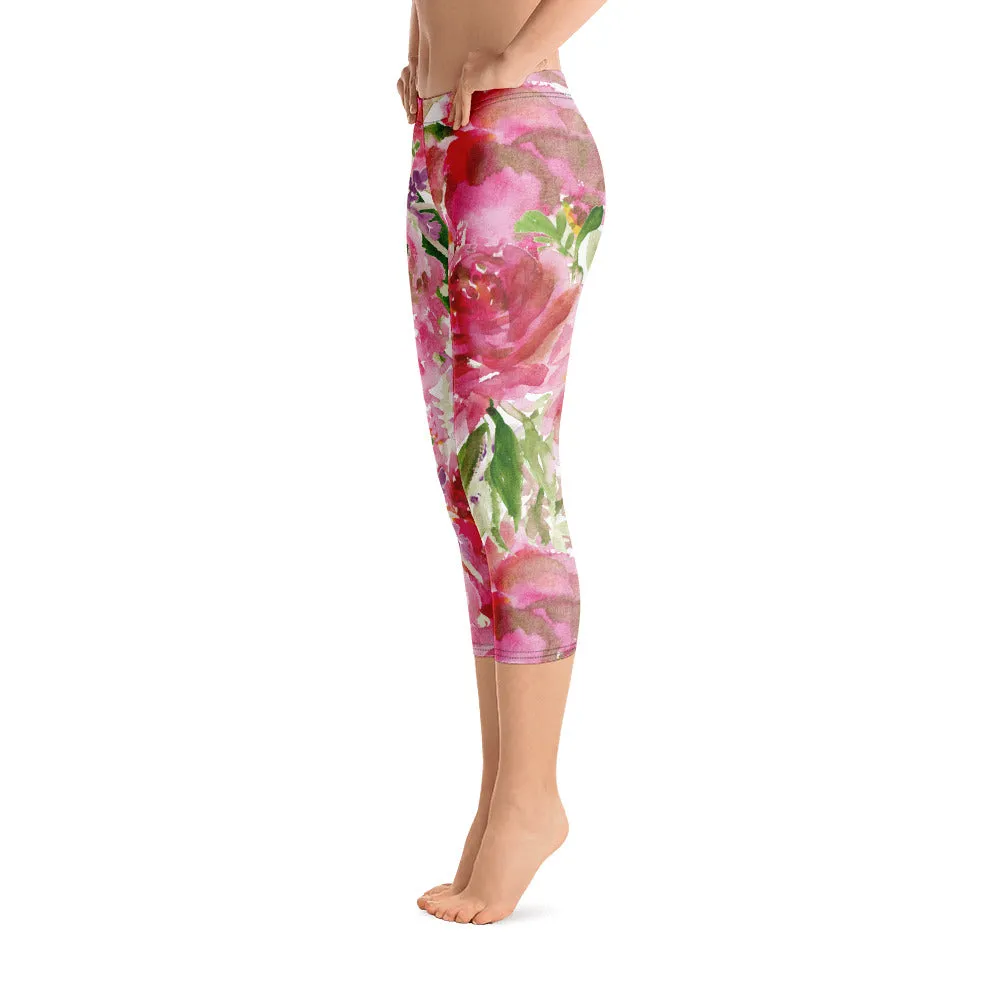 Pink Rose Women's Capri Leggings, Floral Casual Tights Floral Designer Casual 38–40 UPF Capri Leggings Activewear Outfit - Made in USA/EU/MX (US Size: XS-XL)