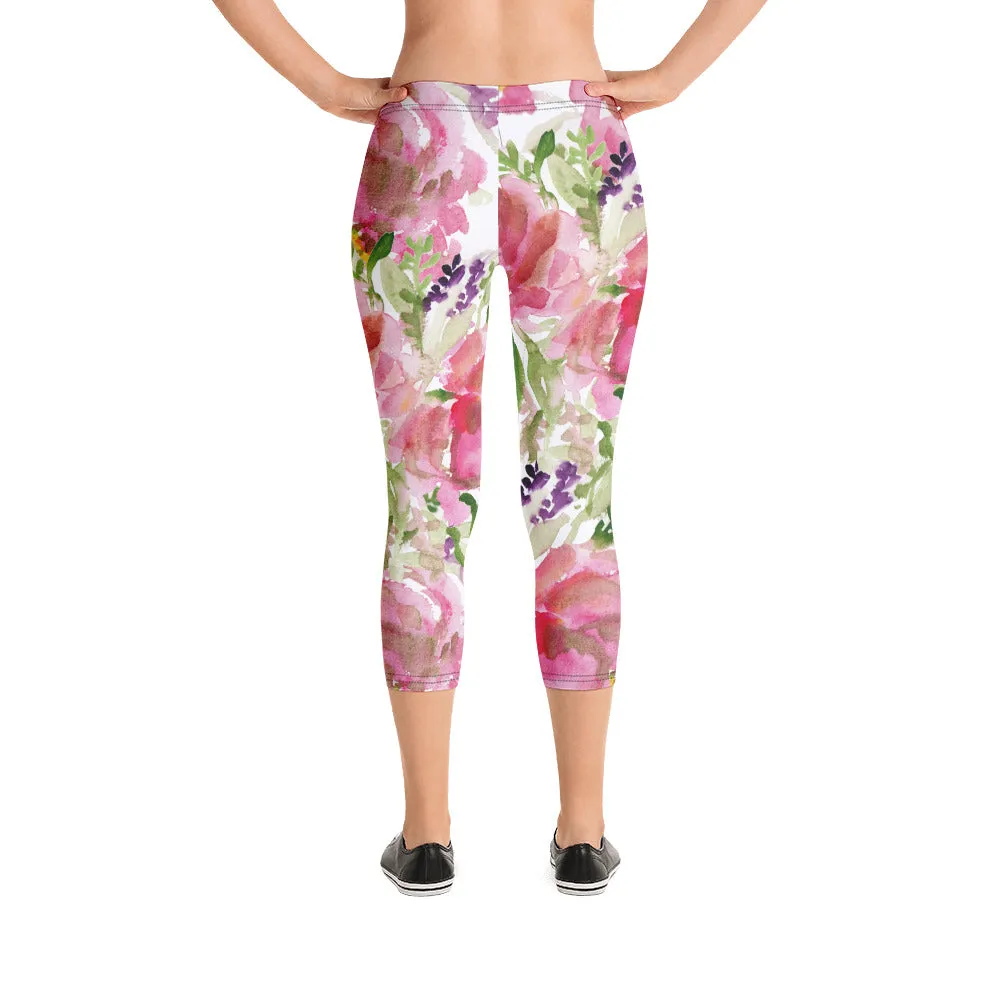 Pink Rose Women's Capri Leggings, Floral Casual Tights Floral Designer Casual 38–40 UPF Capri Leggings Activewear Outfit - Made in USA/EU/MX (US Size: XS-XL)