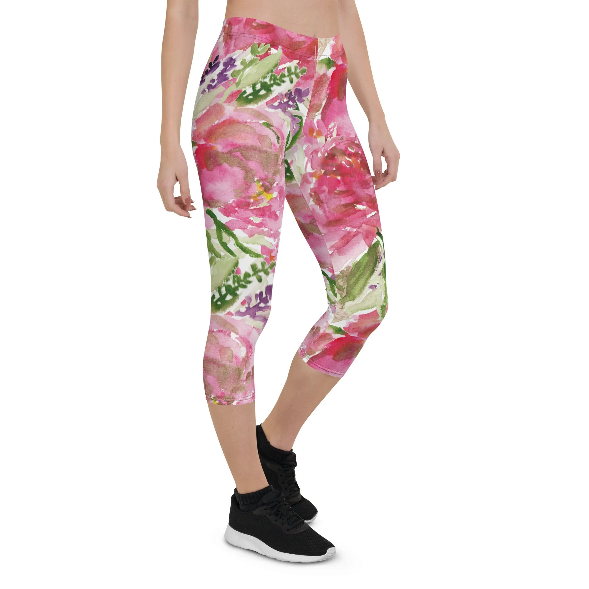 Pink Rose Women's Capri Leggings, Floral Casual Tights Floral Designer Casual 38–40 UPF Capri Leggings Activewear Outfit - Made in USA/EU/MX (US Size: XS-XL)