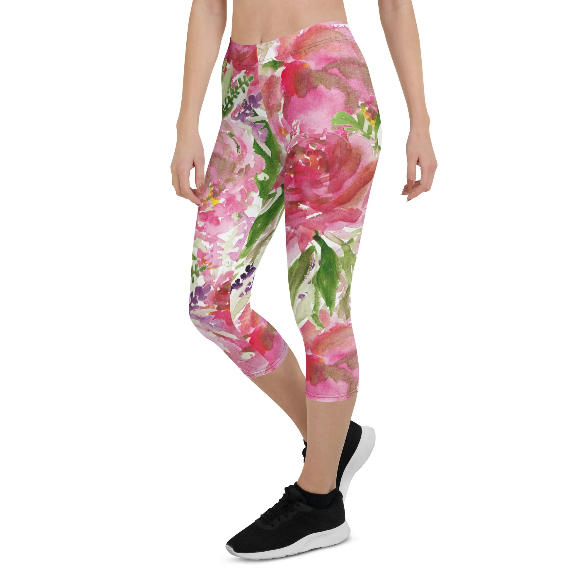 Pink Rose Women's Capri Leggings, Floral Casual Tights Floral Designer Casual 38–40 UPF Capri Leggings Activewear Outfit - Made in USA/EU/MX (US Size: XS-XL)