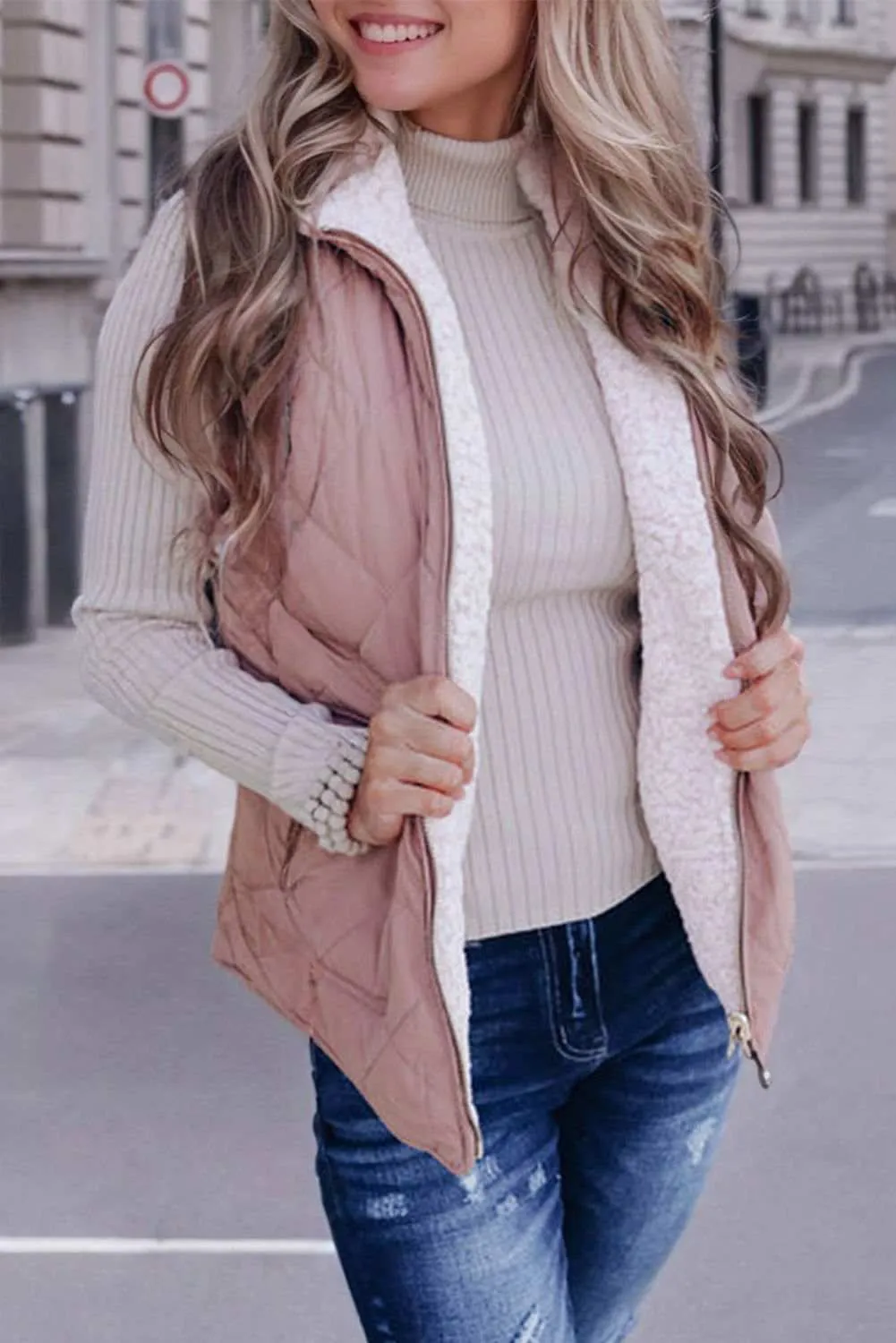 Pink Zip Up Fleece Lined Quilted Vest Coat - Warm and Stylish