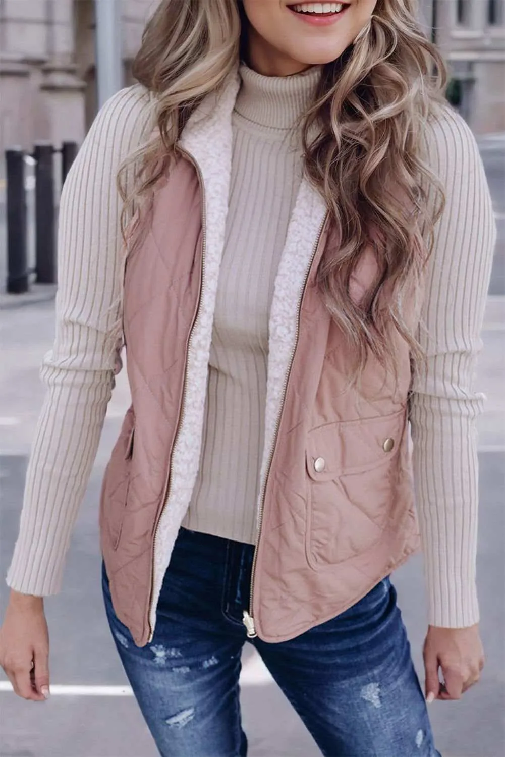 Pink Zip Up Fleece Lined Quilted Vest Coat - Warm and Stylish