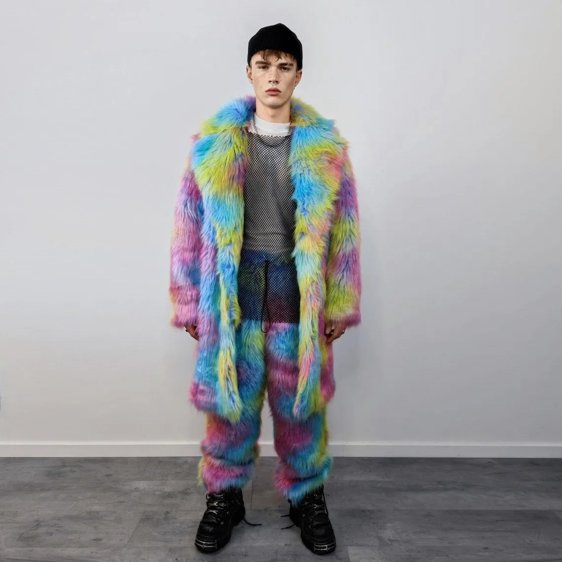 Rainbow faux fur joggers unicorn raver pants fluffy psychedelic trousers ski fleece tie-dye overalls festival bottoms burning man pants blue