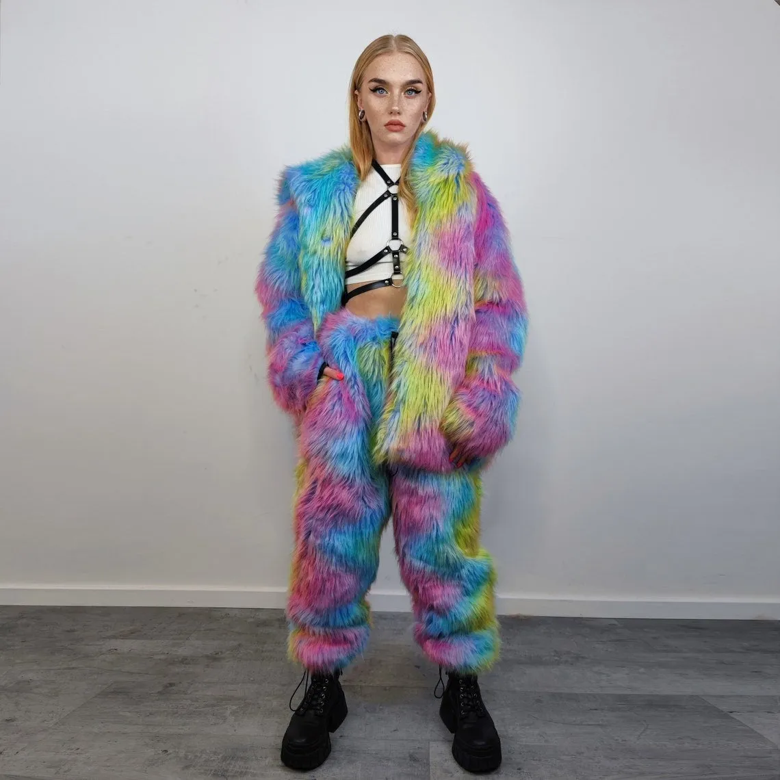 Rainbow faux fur joggers unicorn raver pants fluffy psychedelic trousers ski fleece tie-dye overalls festival bottoms burning man pants blue