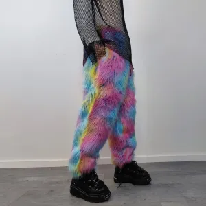 Rainbow faux fur joggers unicorn raver pants fluffy psychedelic trousers ski fleece tie-dye overalls festival bottoms burning man pants blue