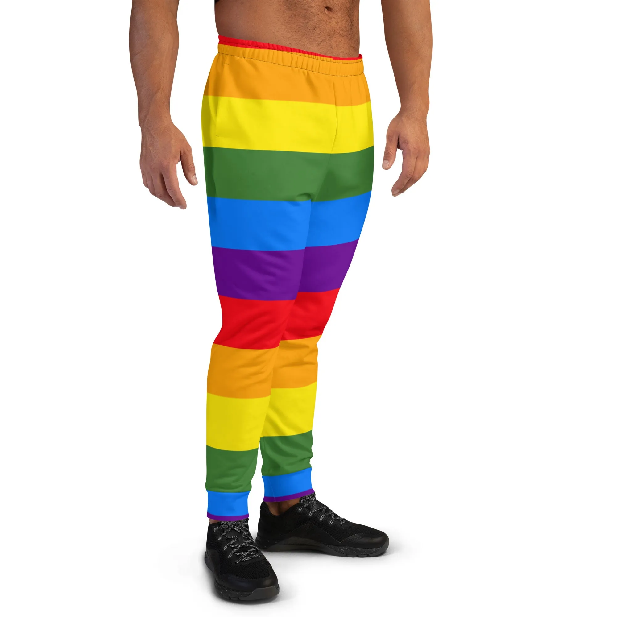 Rainbow Striped Print Men's Joggers, Rainbow Pride Joggers For Men - Made in USA/EU/MX