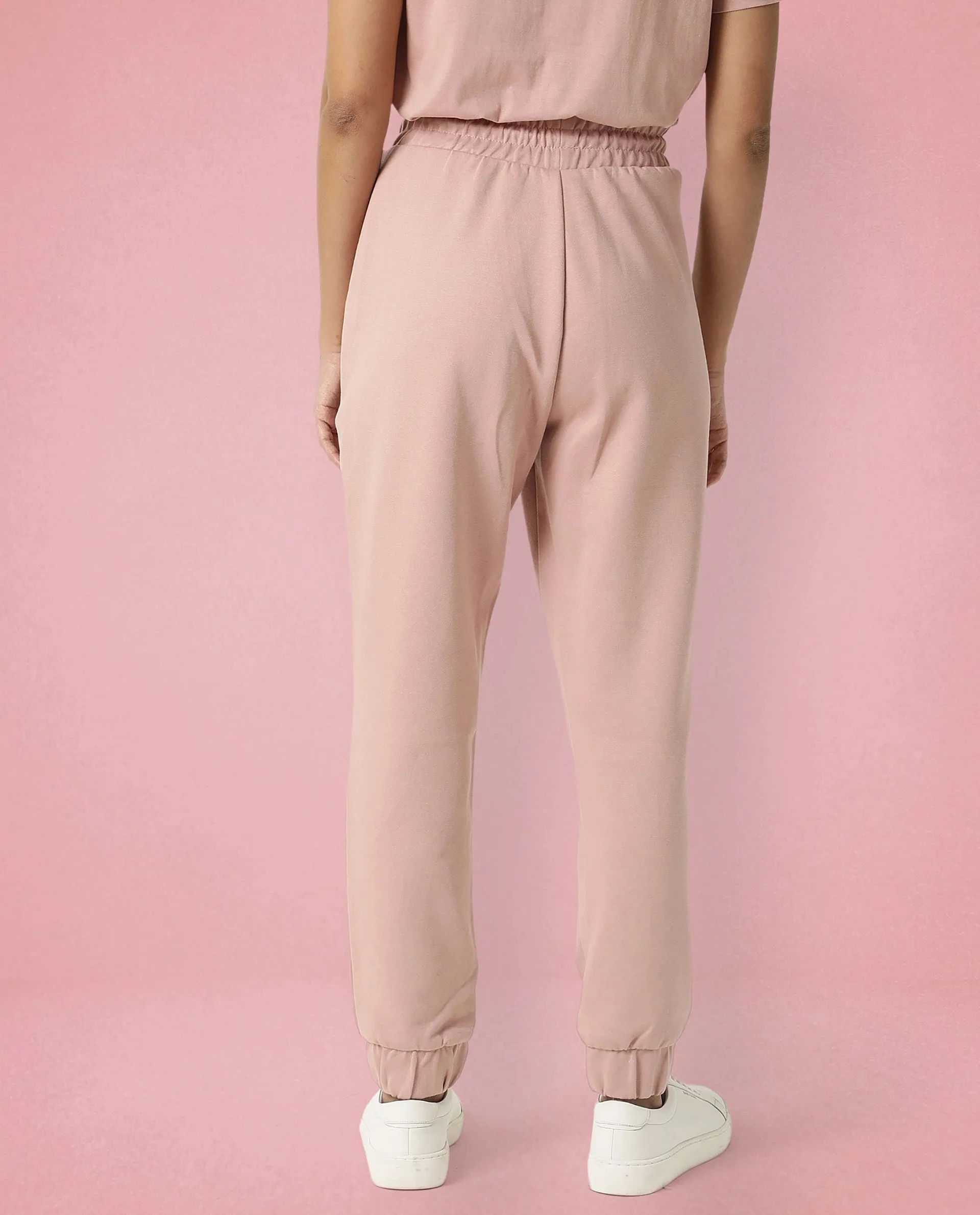 Rareism Women Creta Dusky Pink Cotton Blend Fabric Relaxed Fit Solid Mid Rise Ankle Length Track Pant