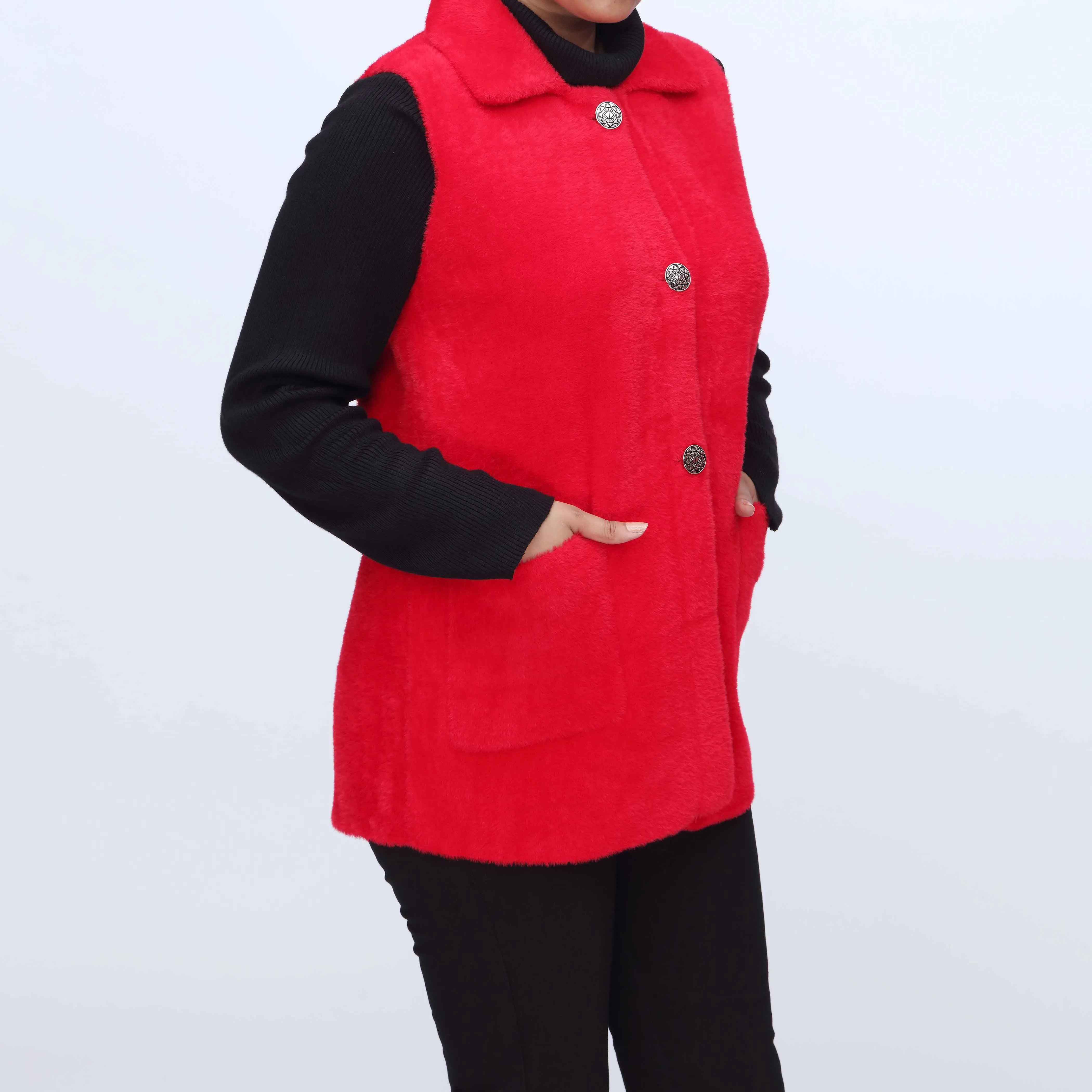 Red Sleeveless Collared Cardigan PW3930