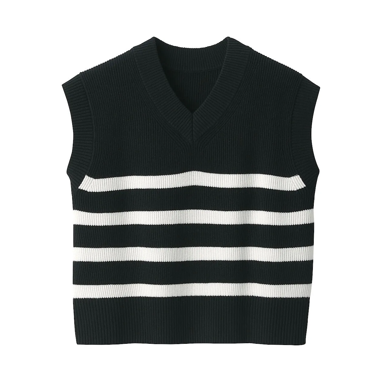 Ribbed Knit V-Neck Short Sweater Striped Vest